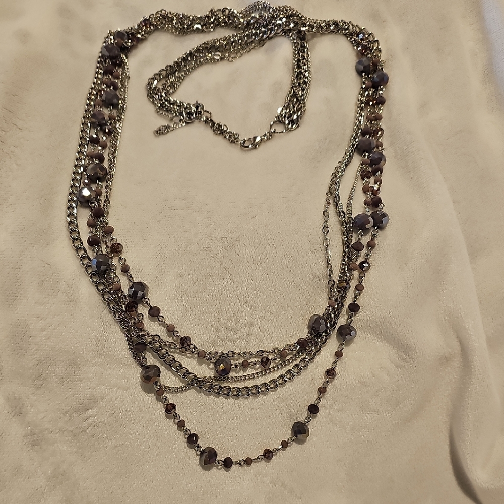 Premier Designs Silver With Purple And Brown Beaded Necklace